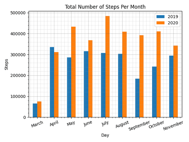 Average Steps per Month in 2019 vs 2020